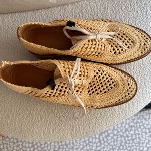 Robert Clergerie Tan and White Wedge Shoes with Platform Sole Sz 9.5